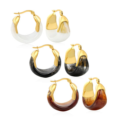 Wholesale Bulk Order Resin Hoop Earrings White Black Amber with Gold Accents – 18K Gold Plated Statement Earrings | MOQ 12
