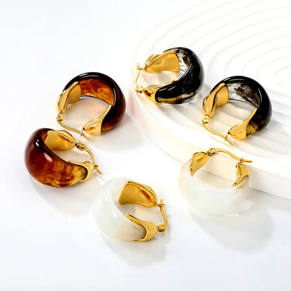 Wholesale Bulk Order Resin Hoop Earrings White Black Amber with Gold Accents – 18K Gold Plated Statement Earrings | MOQ 12