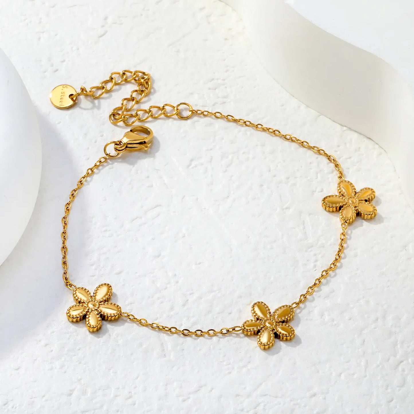 Wholesale Textured Flower Chain Bracelet | 18K Gold Plated | Adjustable Length | Bulk Order MOQ 12