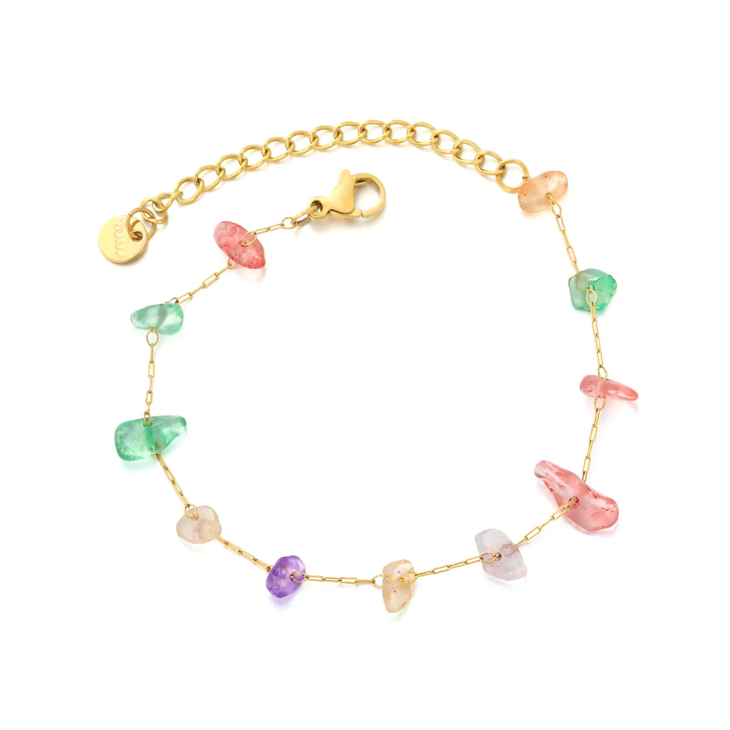 Natural Multicolor Gravel Stone Chain Bracelet | 18K Gold Plated | Irregular Crystal Chips | Adjustable 17+5cm | MOQ 12