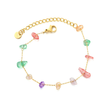 Natural Multicolor Gravel Stone Chain Bracelet | 18K Gold Plated | Irregular Crystal Chips | Adjustable 17+5cm | MOQ 12