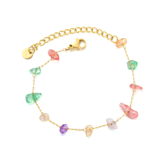 Natural Multicolor Gravel Stone Chain Bracelet | 18K Gold Plated | Irregular Crystal Chips | Adjustable 17+5cm | MOQ 12