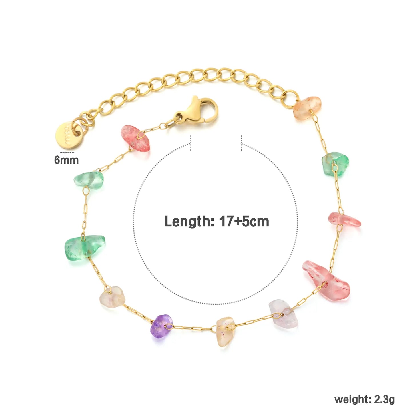 Natural Multicolor Gravel Stone Chain Bracelet | 18K Gold Plated | Irregular Crystal Chips | Adjustable 17+5cm | MOQ 12