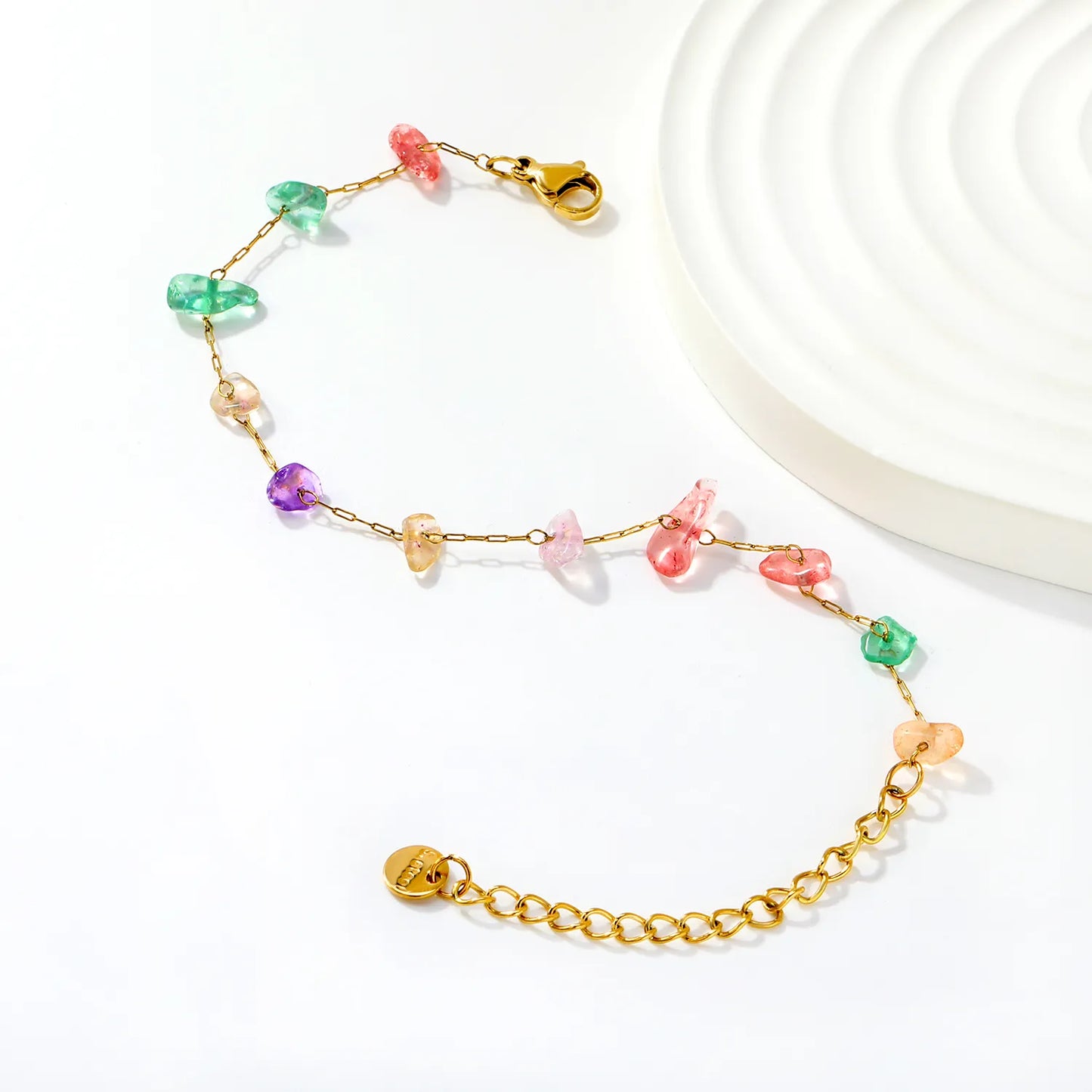 Natural Multicolor Gravel Stone Chain Bracelet | 18K Gold Plated | Irregular Crystal Chips | Adjustable 17+5cm | MOQ 12