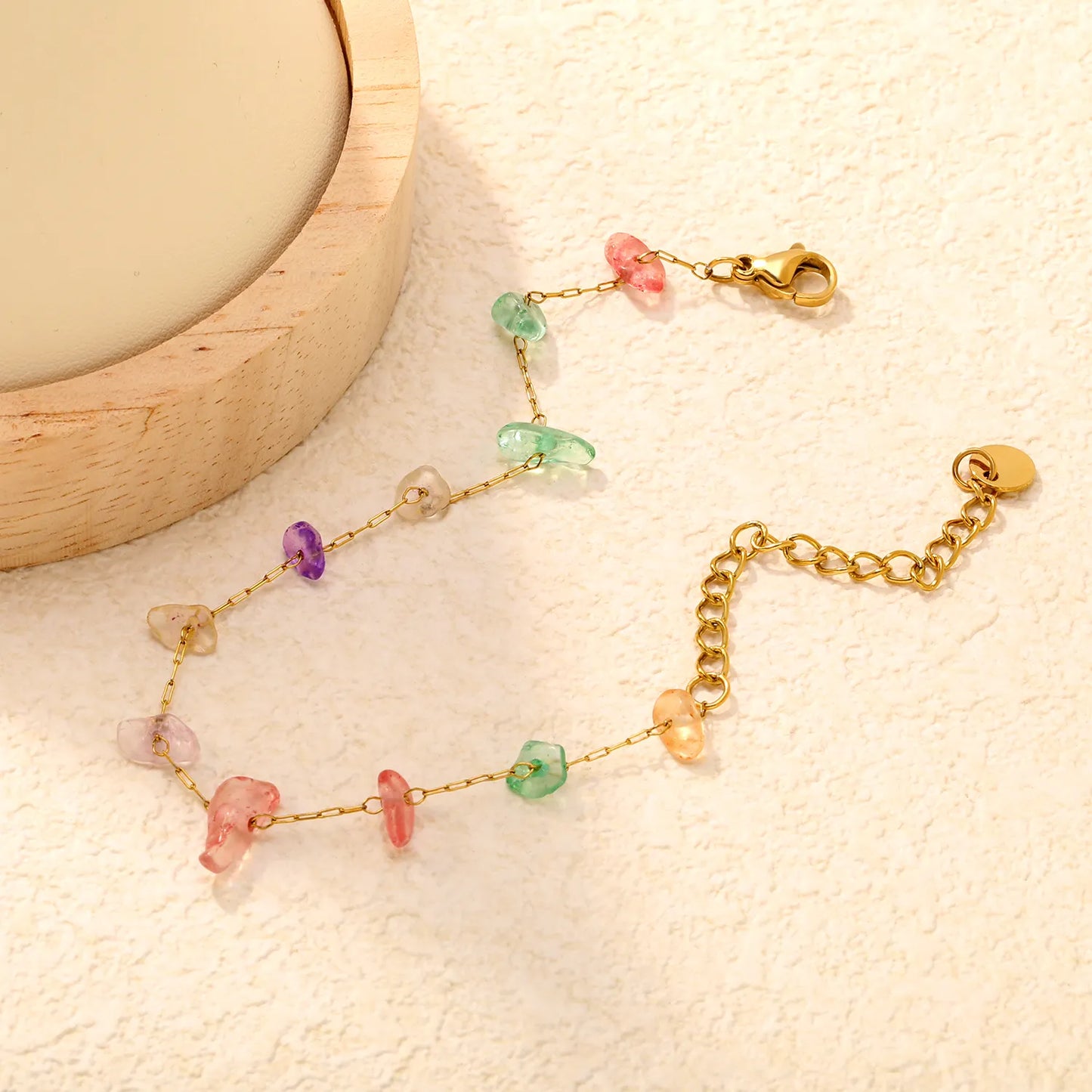 Natural Multicolor Gravel Stone Chain Bracelet | 18K Gold Plated | Irregular Crystal Chips | Adjustable 17+5cm | MOQ 12