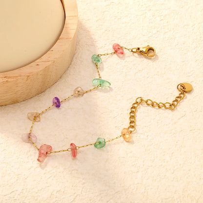 Natural Multicolor Gravel Stone Chain Bracelet | 18K Gold Plated | Irregular Crystal Chips | Adjustable 17+5cm | MOQ 12