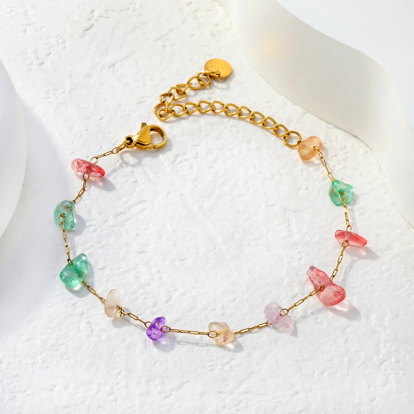 Natural Multicolor Gravel Stone Chain Bracelet | 18K Gold Plated | Irregular Crystal Chips | Adjustable 17+5cm | MOQ 12