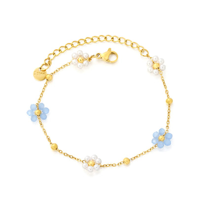 Delicate Floral Bead Chain Bracelet | Blue & White Flower Charms | 18K Gold Plated | Adjustable 17+5cm | MOQ 12