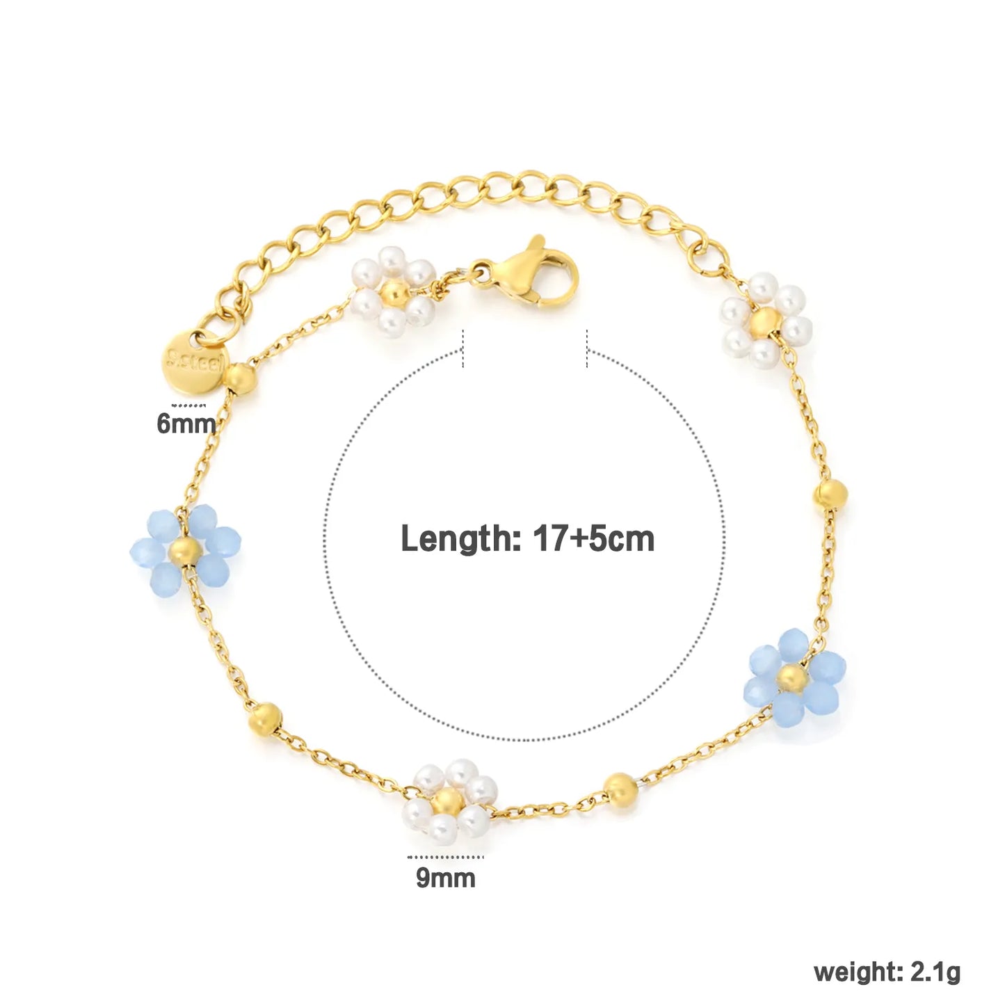 Delicate Floral Bead Chain Bracelet | Blue & White Flower Charms | 18K Gold Plated | Adjustable 17+5cm | MOQ 12