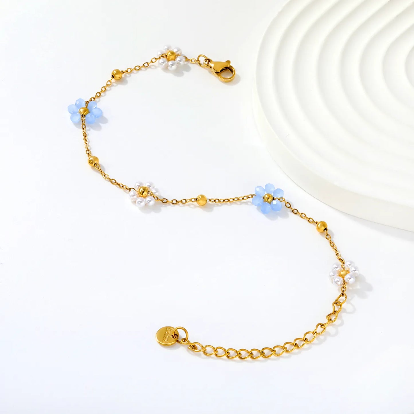 Delicate Floral Bead Chain Bracelet | Blue & White Flower Charms | 18K Gold Plated | Adjustable 17+5cm | MOQ 12