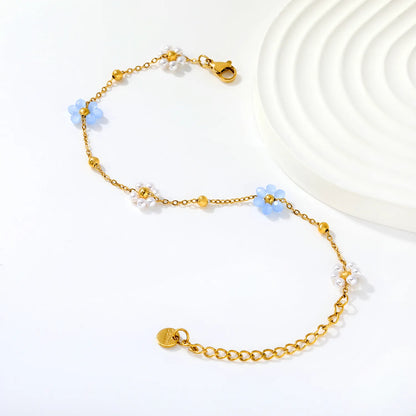 Delicate Floral Bead Chain Bracelet | Blue & White Flower Charms | 18K Gold Plated | Adjustable 17+5cm | MOQ 12