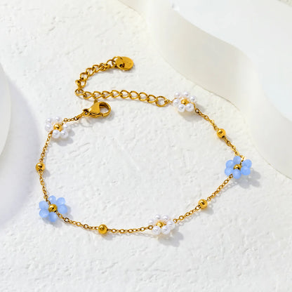 Delicate Floral Bead Chain Bracelet | Blue & White Flower Charms | 18K Gold Plated | Adjustable 17+5cm | MOQ 12