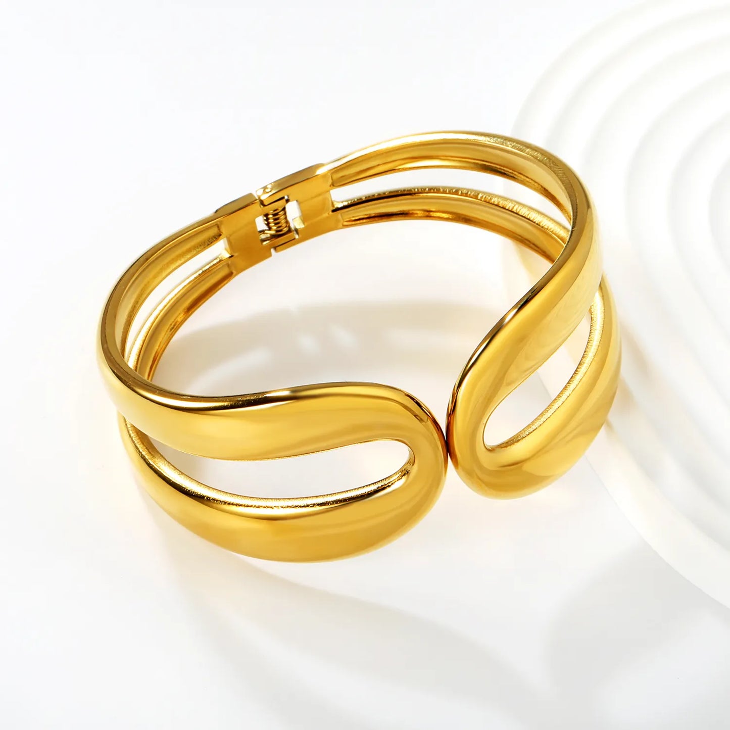 Wholesale Double Layer Curved Open Hinged Bangle | 18K Gold Plated | 60mm | MOQ 12