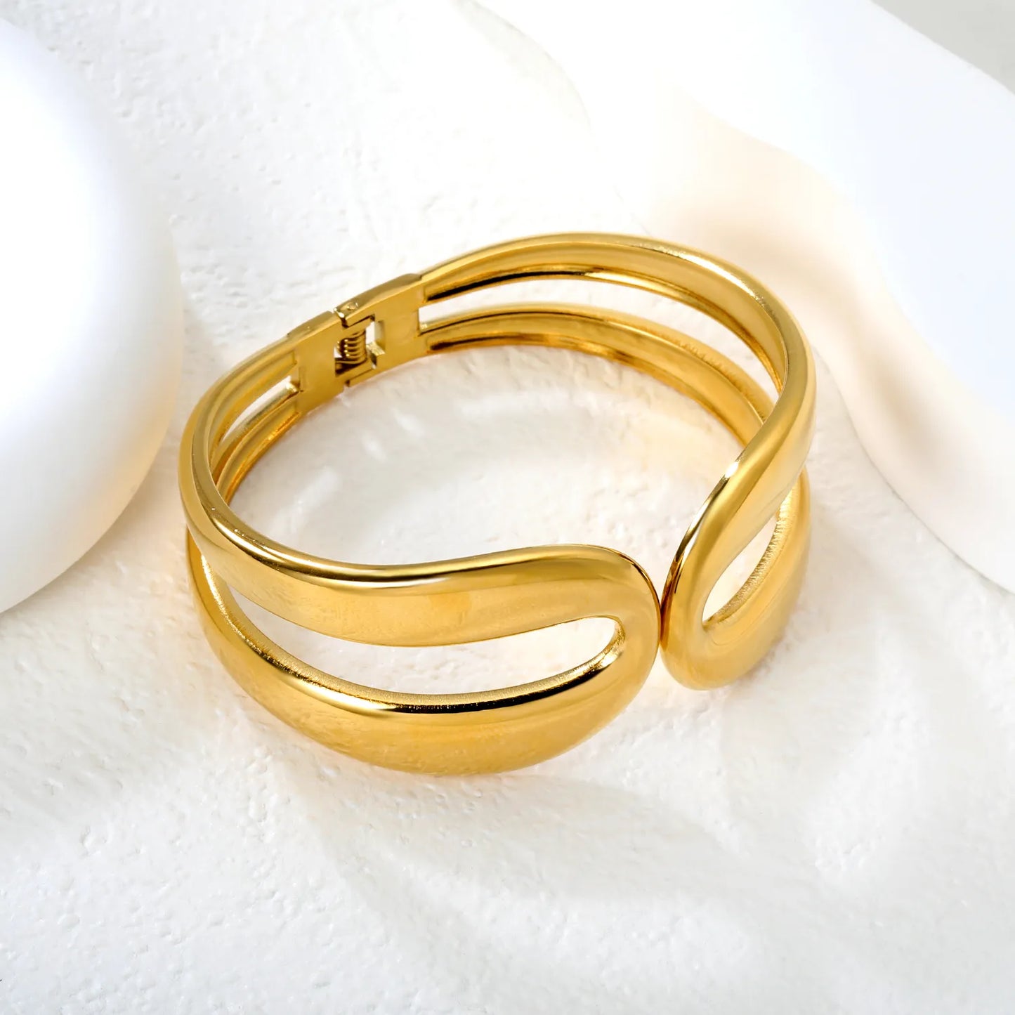 Wholesale Double Layer Curved Open Hinged Bangle | 18K Gold Plated | 60mm | MOQ 12