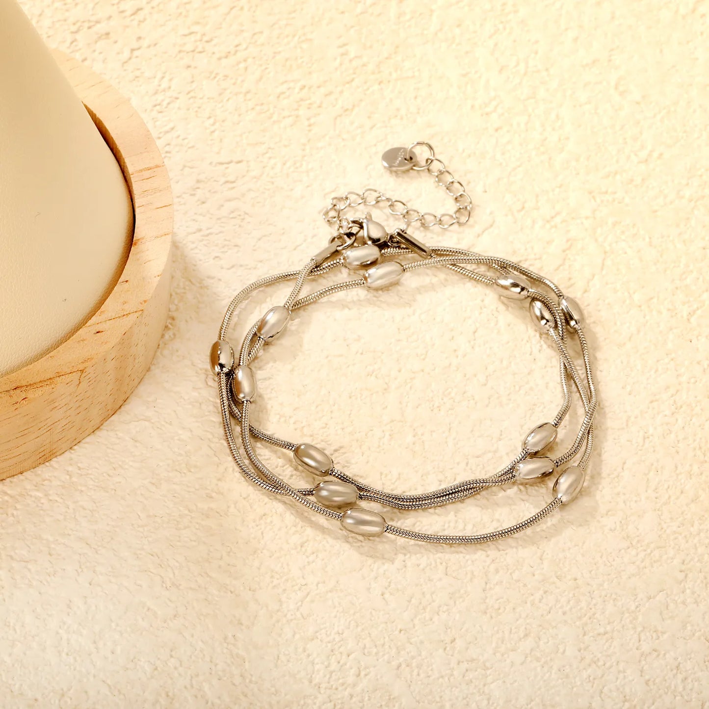 Wholesale Layered Chain Bracelet with Oval Bead Charm | 18K Gold Plated & Silver | Adjustable Length | MOQ 12