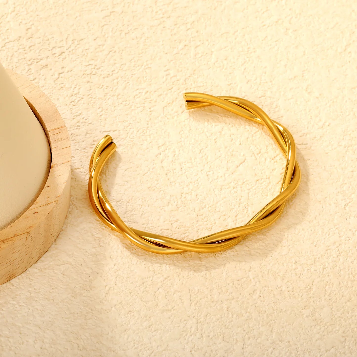 18K Gold Plated Twisted Open Cuff Bangle | Hypoallergenic Stainless Steel | 62mm | MOQ 12