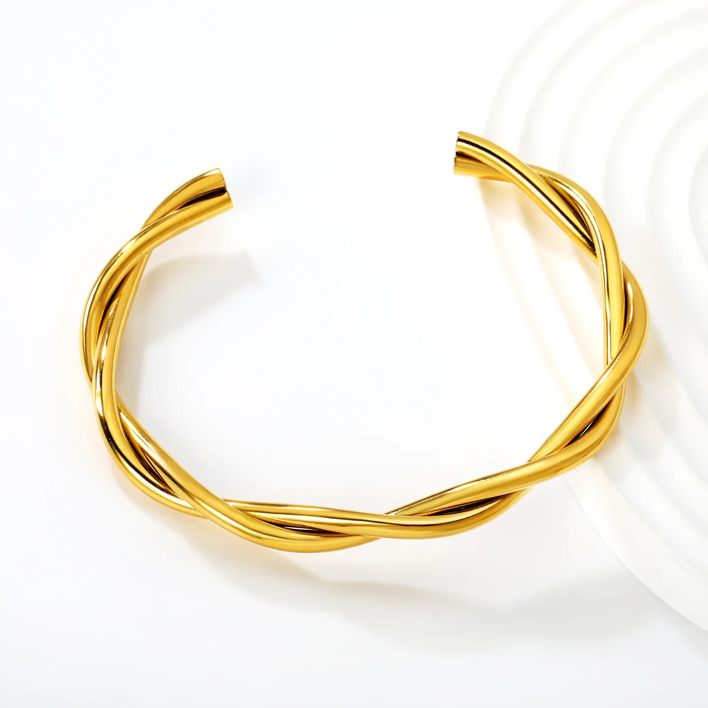 18K Gold Plated Twisted Open Cuff Bangle | Hypoallergenic Stainless Steel | 62mm | MOQ 12