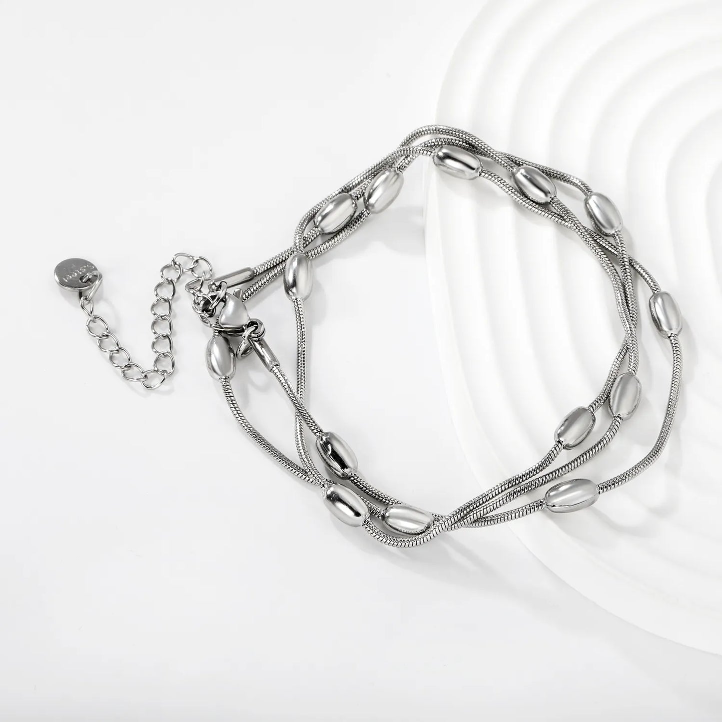 Wholesale Layered Chain Bracelet with Oval Bead Charm | 18K Gold Plated & Silver | Adjustable Length | MOQ 12