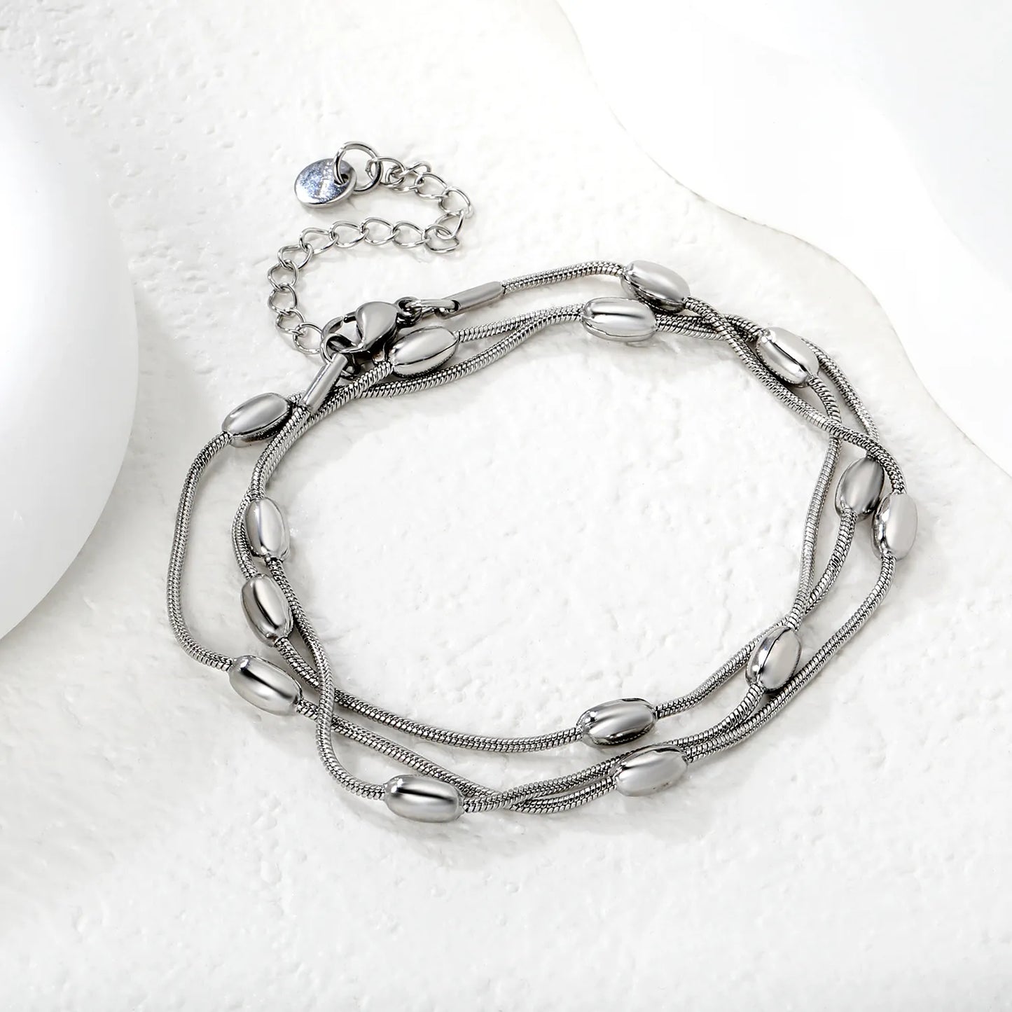 Wholesale Layered Chain Bracelet with Oval Bead Charm | 18K Gold Plated & Silver | Adjustable Length | MOQ 12