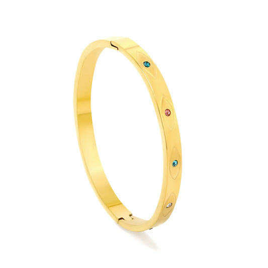Sleek Gemstone Inlay Hinged Bangle | 18K Gold Plated | 60mm | Wholesale MOQ 12
