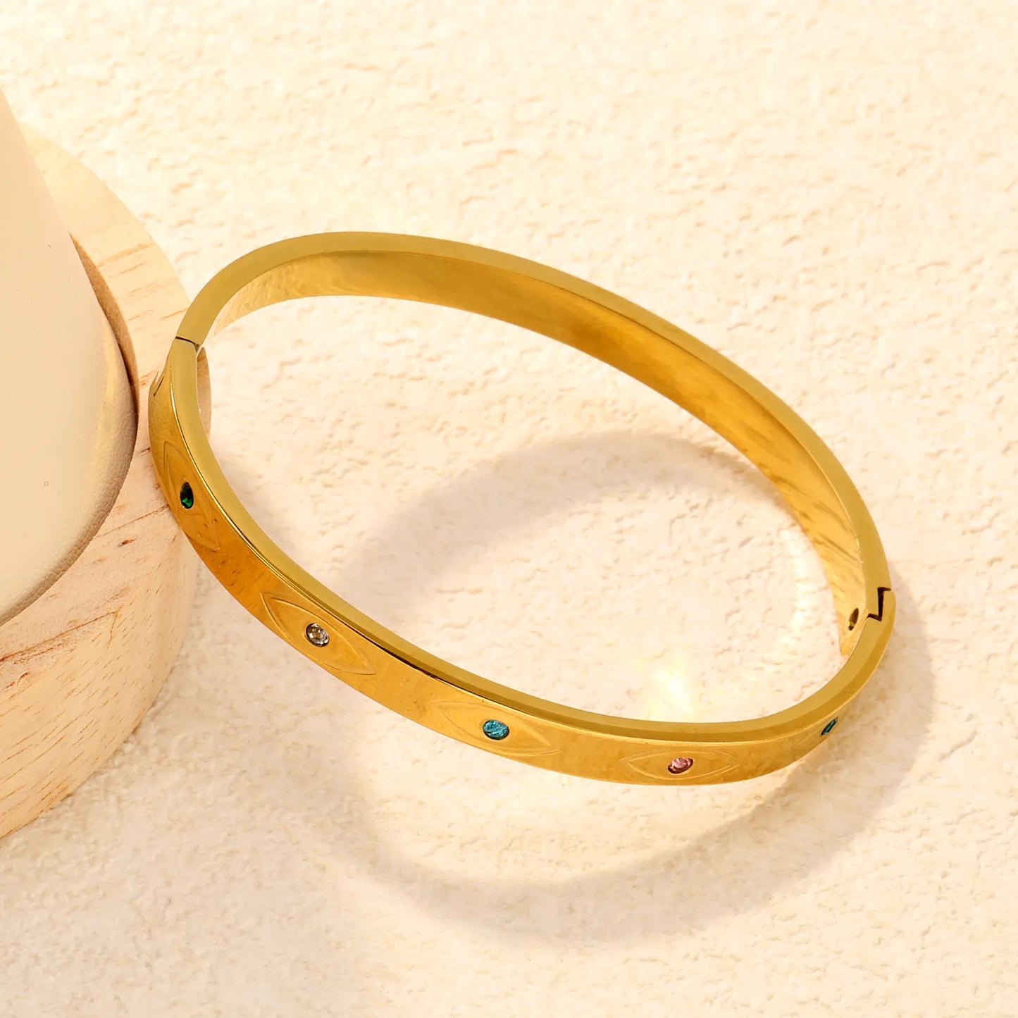 Sleek Gemstone Inlay Hinged Bangle | 18K Gold Plated | 60mm | Wholesale MOQ 12