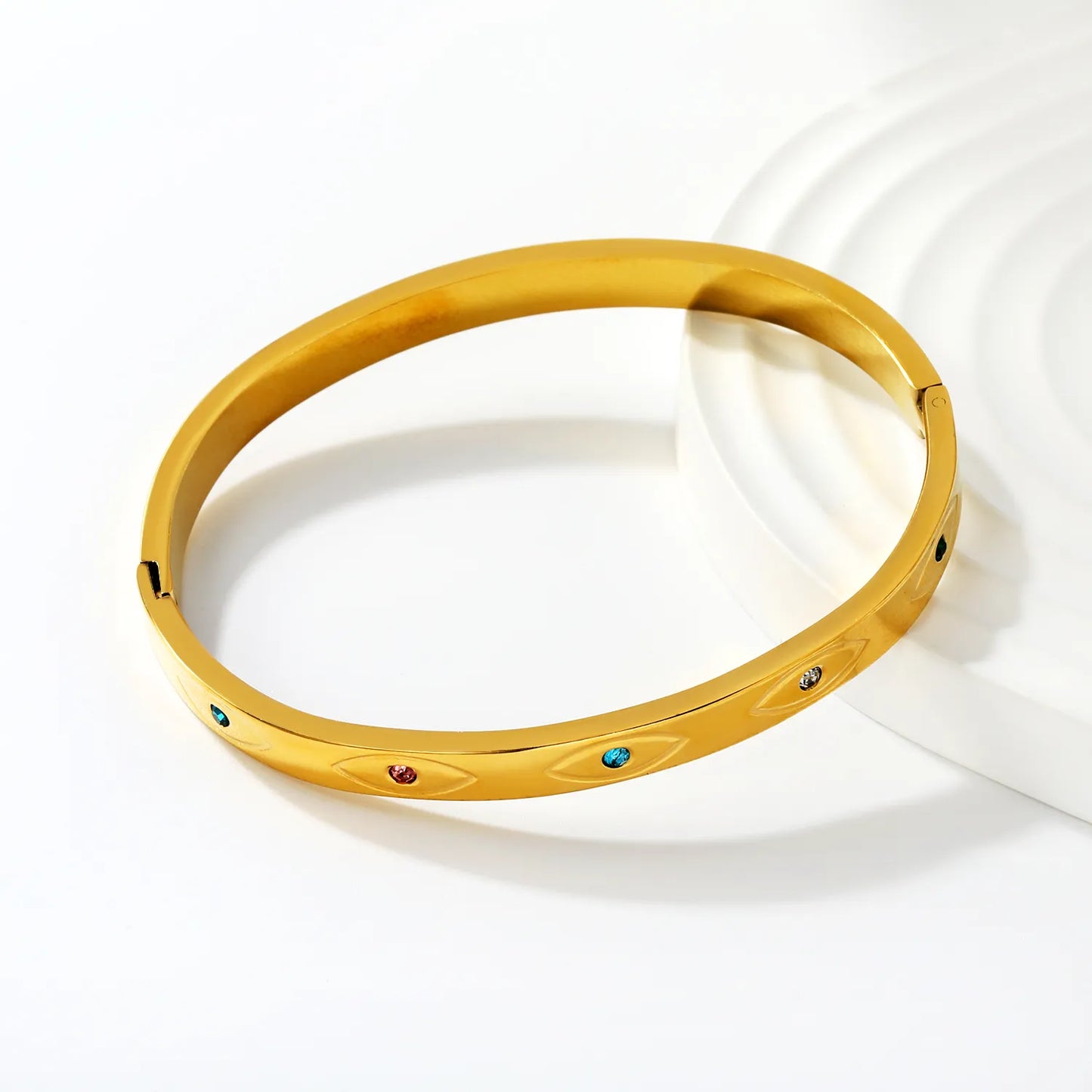Sleek Gemstone Inlay Hinged Bangle | 18K Gold Plated | 60mm | Wholesale MOQ 12