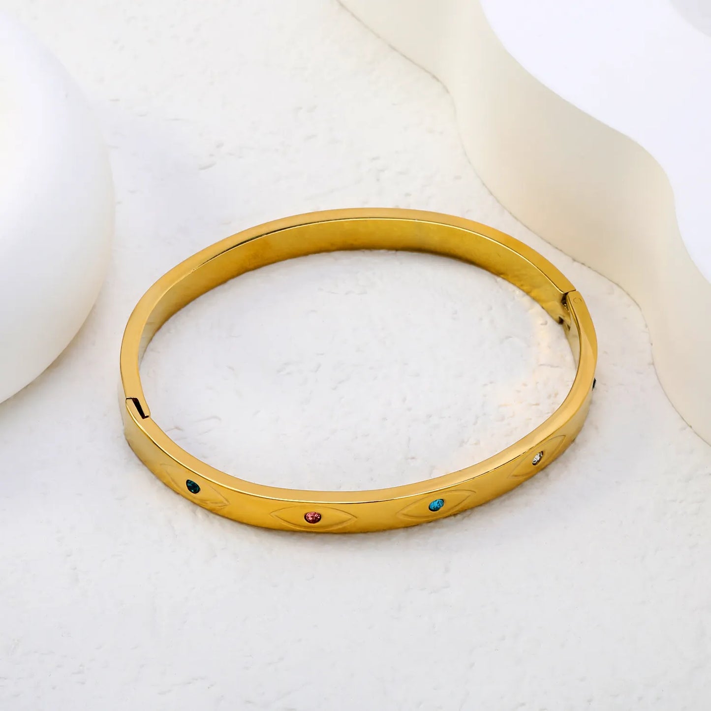 Sleek Gemstone Inlay Hinged Bangle | 18K Gold Plated | 60mm | Wholesale MOQ 12
