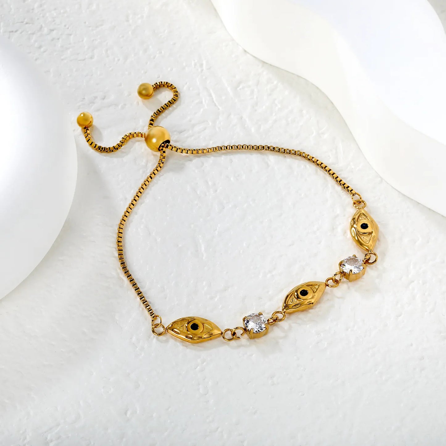 18K Gold Plated Eye & Crystal Adjustable Bracelet | Wholesale MOQ 12