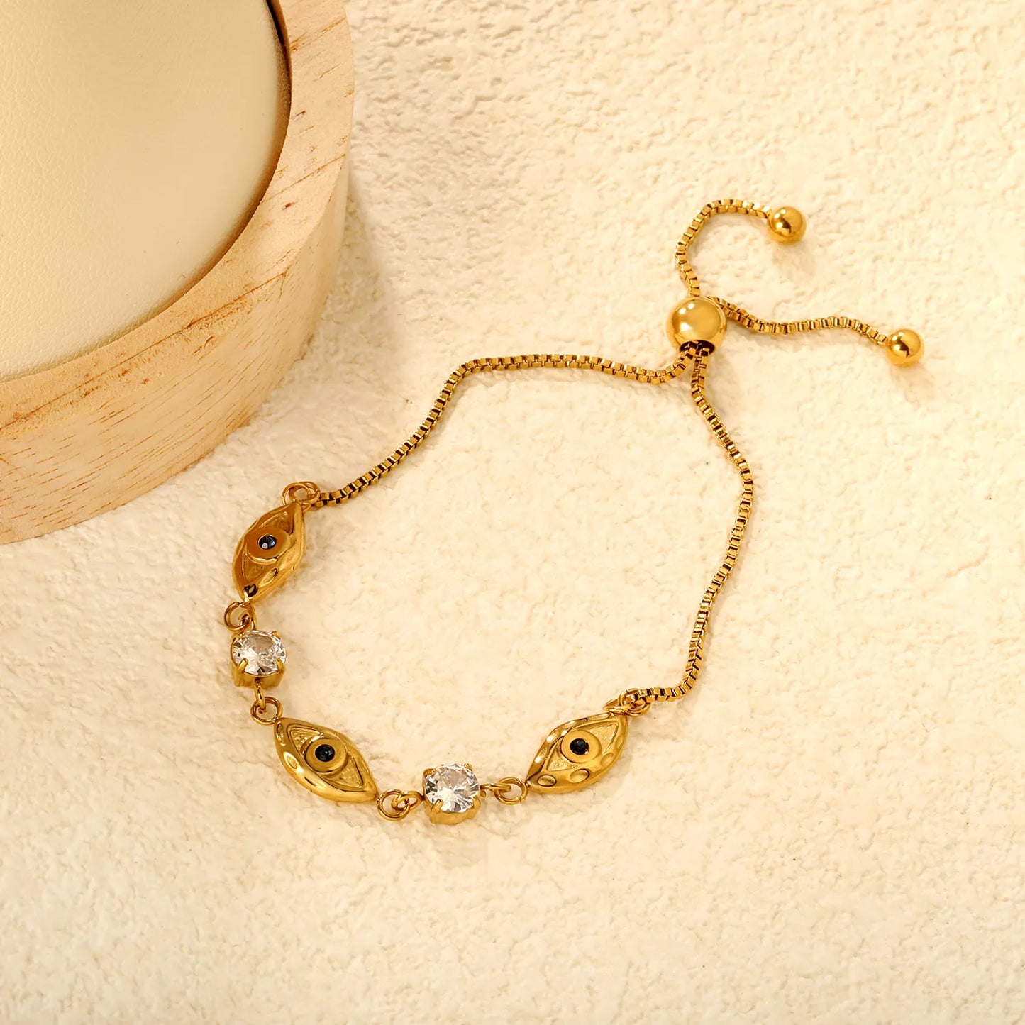 18K Gold Plated Eye & Crystal Adjustable Bracelet | Wholesale MOQ 12
