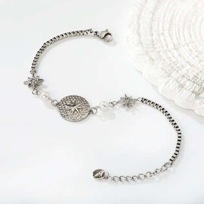 North Star & Pearl Charm Chain Bracelet | Gold/Silver Color | Wholesale MOQ 12 | 18K Gold Plated