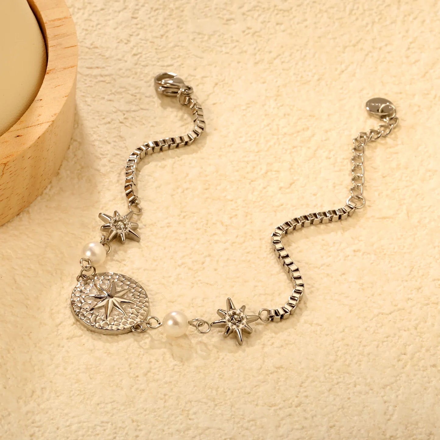 North Star & Pearl Charm Chain Bracelet | Gold/Silver Color | Wholesale MOQ 12 | 18K Gold Plated
