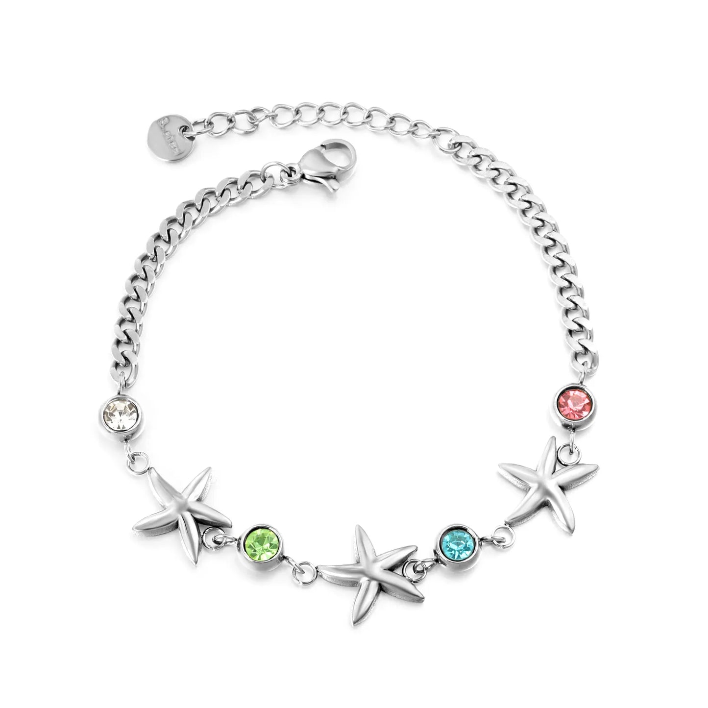 Wholesale Starfish & Multicolor Crystal Charm Chain Bracelet | 18K Gold Plated & Silver | Adjustable 17+3cm | MOQ 12