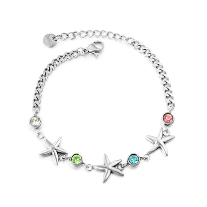 Wholesale Starfish & Multicolor Crystal Charm Chain Bracelet | 18K Gold Plated & Silver | Adjustable 17+3cm | MOQ 12