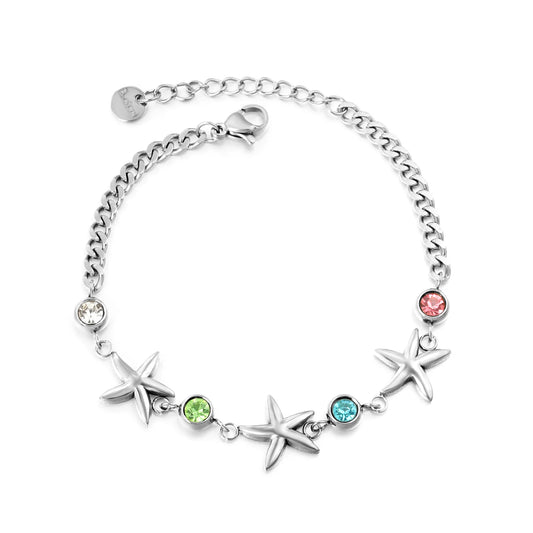 Wholesale Starfish & Multicolor Crystal Charm Chain Bracelet | 18K Gold Plated & Silver | Adjustable 17+3cm | MOQ 12