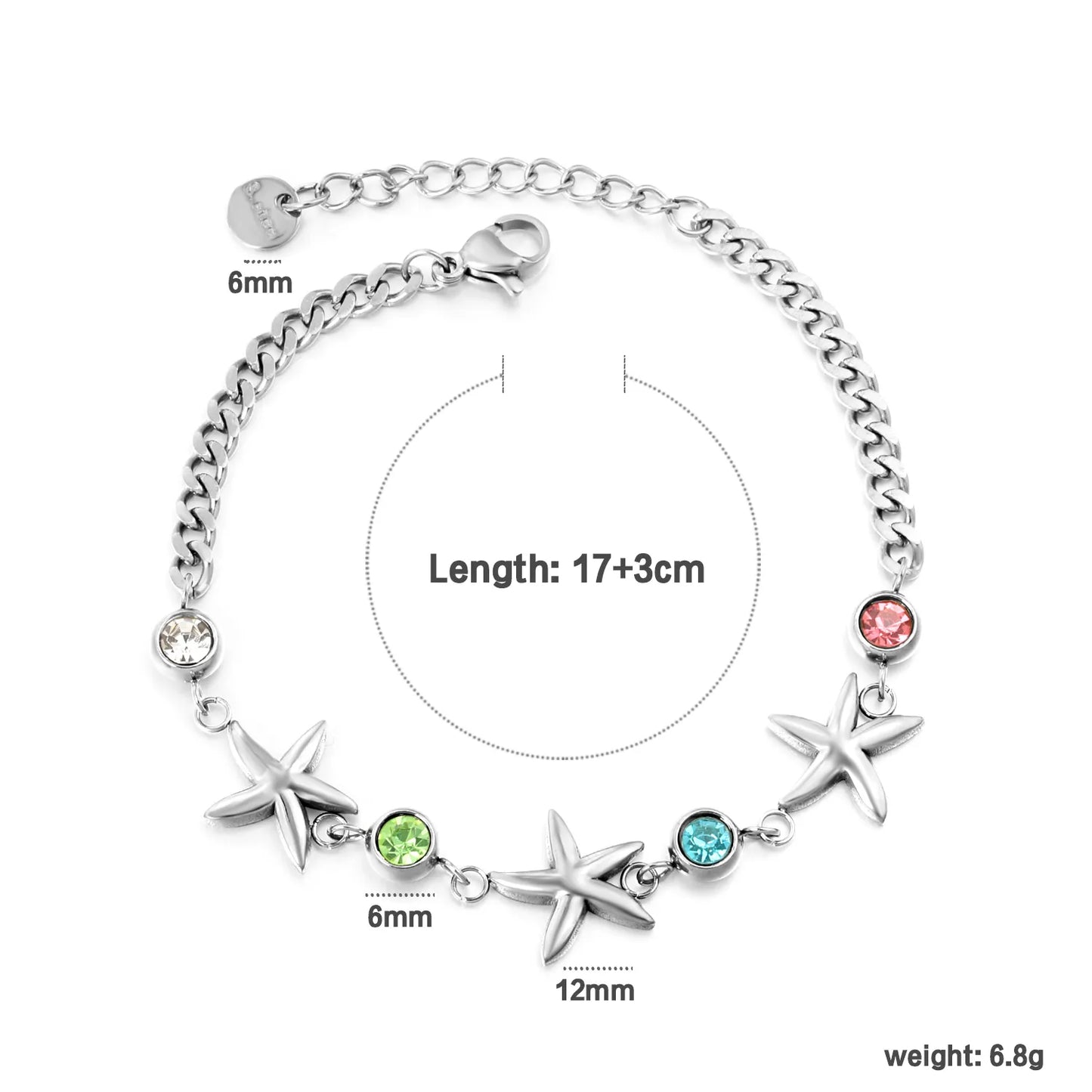Wholesale Starfish & Multicolor Crystal Charm Chain Bracelet | 18K Gold Plated & Silver | Adjustable 17+3cm | MOQ 12