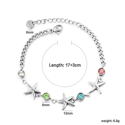 Wholesale Starfish & Multicolor Crystal Charm Chain Bracelet | 18K Gold Plated & Silver | Adjustable 17+3cm | MOQ 12