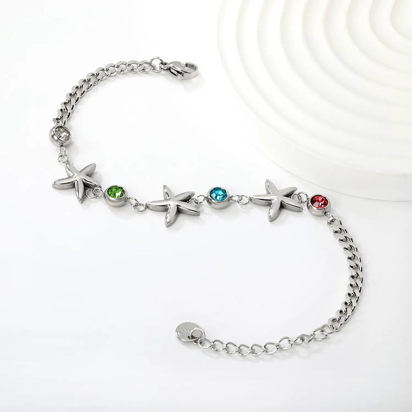 Wholesale Starfish & Multicolor Crystal Charm Chain Bracelet | 18K Gold Plated & Silver | Adjustable 17+3cm | MOQ 12