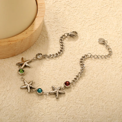 Wholesale Starfish & Multicolor Crystal Charm Chain Bracelet | 18K Gold Plated & Silver | Adjustable 17+3cm | MOQ 12