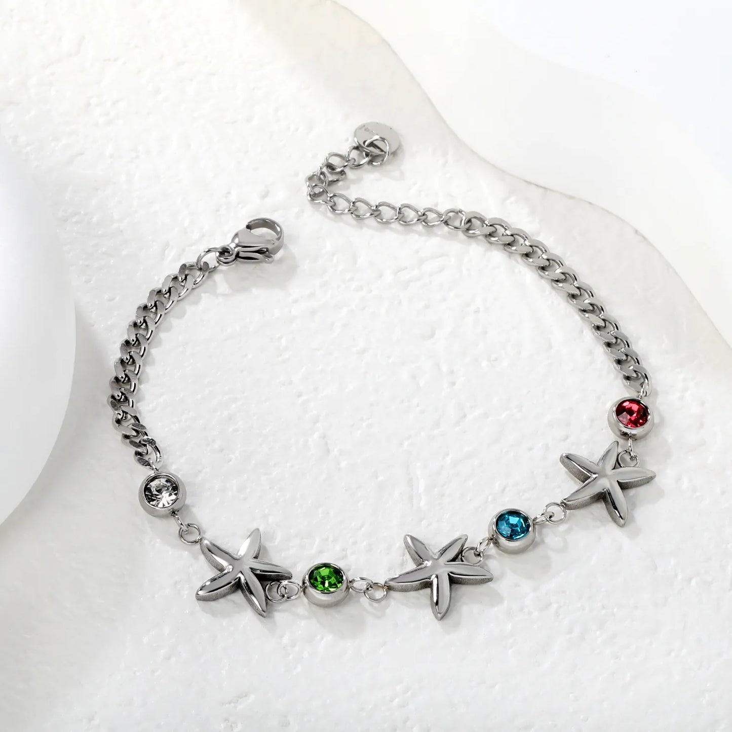 Wholesale Starfish & Multicolor Crystal Charm Chain Bracelet | 18K Gold Plated & Silver | Adjustable 17+3cm | MOQ 12