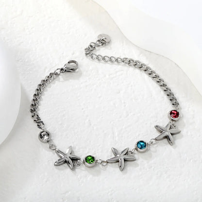Wholesale Starfish & Multicolor Crystal Charm Chain Bracelet | 18K Gold Plated & Silver | Adjustable 17+3cm | MOQ 12