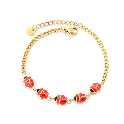 Wholesale Enamel  Charm Chain Bracelet Set | 18K Gold Plated | Watermelon Slice & Ladybug Charms | Adjustable Length | MOQ 12