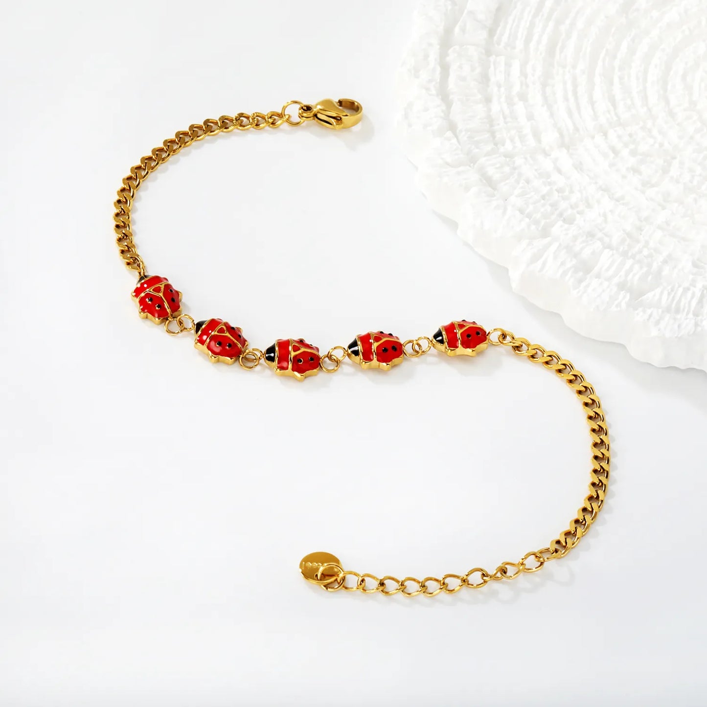 Wholesale Enamel  Charm Chain Bracelet Set | 18K Gold Plated | Watermelon Slice & Ladybug Charms | Adjustable Length | MOQ 12