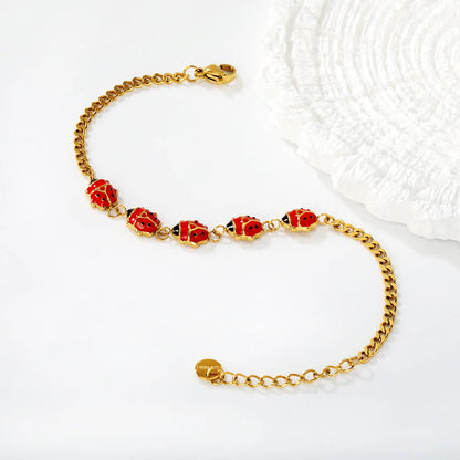 Wholesale Enamel  Charm Chain Bracelet Set | 18K Gold Plated | Watermelon Slice & Ladybug Charms | Adjustable Length | MOQ 12