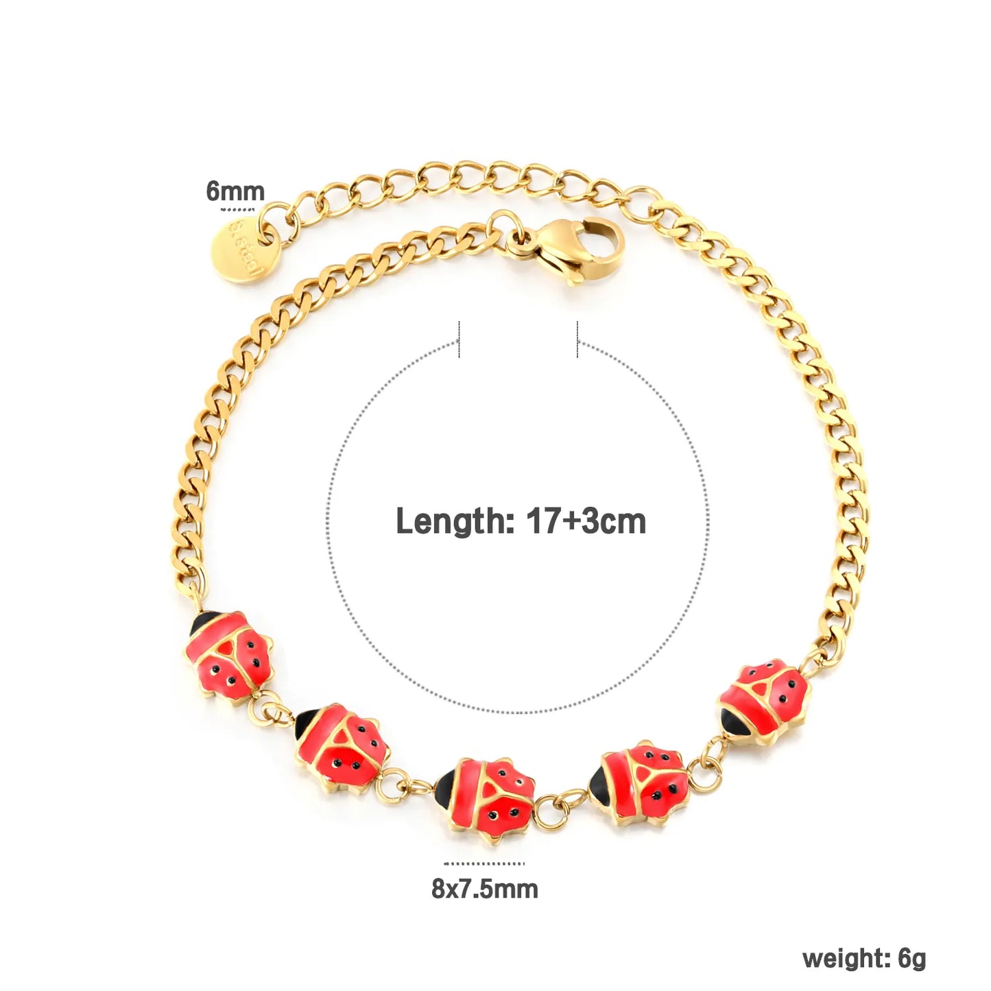 Wholesale Enamel  Charm Chain Bracelet Set | 18K Gold Plated | Watermelon Slice & Ladybug Charms | Adjustable Length | MOQ 12