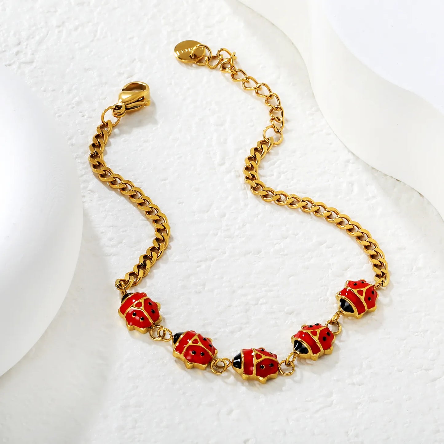 Wholesale Enamel  Charm Chain Bracelet Set | 18K Gold Plated | Watermelon Slice & Ladybug Charms | Adjustable Length | MOQ 12