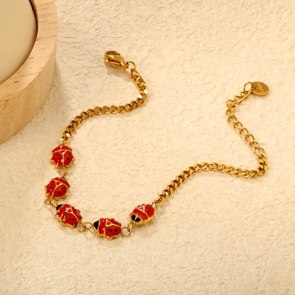 Wholesale Enamel  Charm Chain Bracelet Set | 18K Gold Plated | Watermelon Slice & Ladybug Charms | Adjustable Length | MOQ 12
