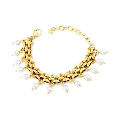 Woven Link Chain Bracelet with Pearl Charms | 18K Gold Plated | Teardrop Pearl Dangles | Adjustable 15+5cm | MOQ 12
