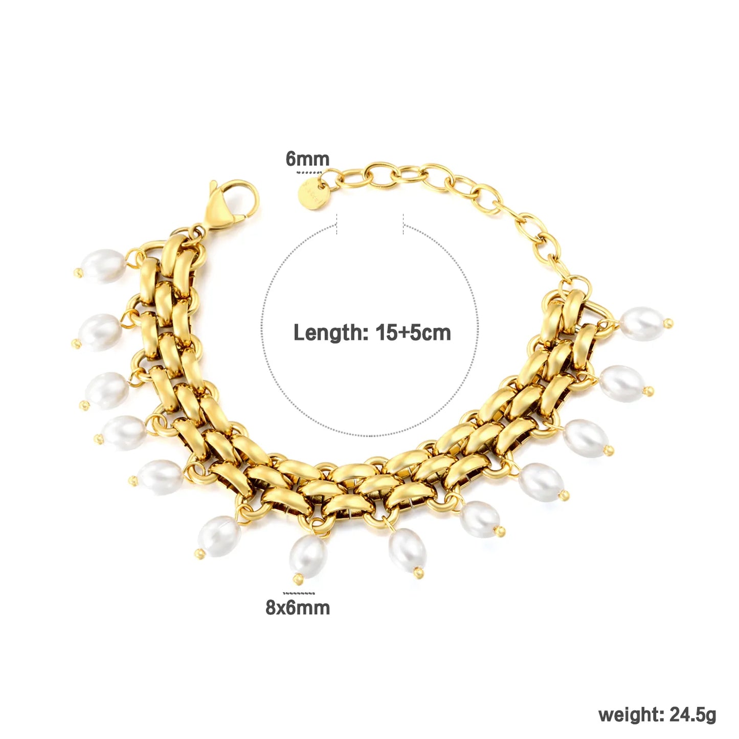 Woven Link Chain Bracelet with Pearl Charms | 18K Gold Plated | Teardrop Pearl Dangles | Adjustable 15+5cm | MOQ 12