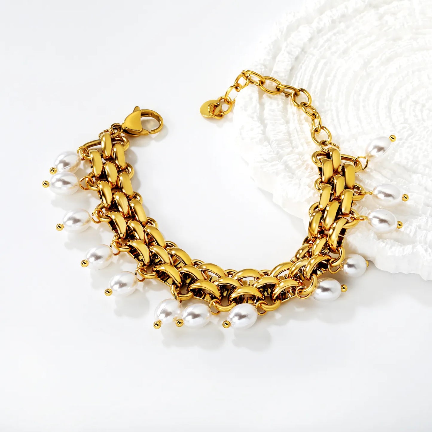 Woven Link Chain Bracelet with Pearl Charms | 18K Gold Plated | Teardrop Pearl Dangles | Adjustable 15+5cm | MOQ 12