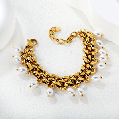 Woven Link Chain Bracelet with Pearl Charms | 18K Gold Plated | Teardrop Pearl Dangles | Adjustable 15+5cm | MOQ 12